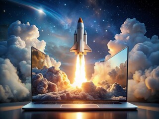 A futuristic laptop screen displays a liftoff sequence as a sleek space rocket blasts off into the cosmos, surrounded by earthly clouds and stars.