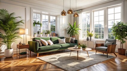 Fototapeta premium Elegant Scandinavian living room features a plush sofa, mid century modern furniture, cozy carpet, wooden floor, white walls, and lush greenery, exuding warmth and sophistication.