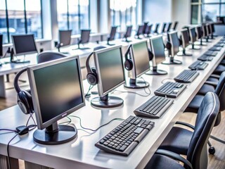 Naklejka premium Modern workstation with a empty headset on desk, surrounded by computer monitors and keyboards, in a busy customer service or call center background setting.