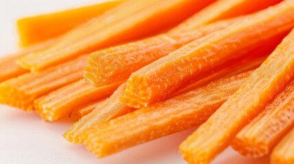 Close-up of crisp carrot sticks, ideal for snacking, showcasing their vibrant orange color and crunchy texture against a minimalist white backdrop