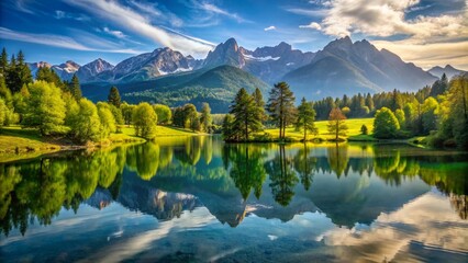 Obraz premium Sweeping panoramic landscape of serene lake reflecting majestic mountains and lush green trees, creating a breathtakingly peaceful and idyllic rural scenery.