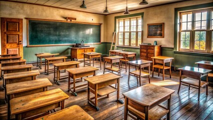 Fototapeta premium Empty vintage classroom with antique desks, wooden chairs, and a traditional chalkboard, evoking a nostalgic atmosphere of a bygone educational era.