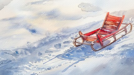 Watercolor painting of a wooden sled on a snowy landscape. Concept of winter season, outdoor activity, traditional sledding, holiday fun. Copy space