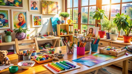 Vibrant art supplies and colorful scraps scattered across a cluttered workstation, showcasing a family's creative endeavors in a warm and inviting home environment.