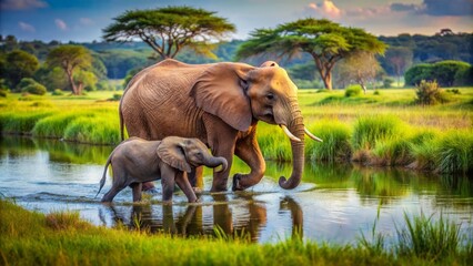 Fototapeta premium Serene mother elephant and calf stroll hand-in-trunk through a lush, vibrant meadow alongside a gentle water's edge, exuding tender love and peaceful coexistence.