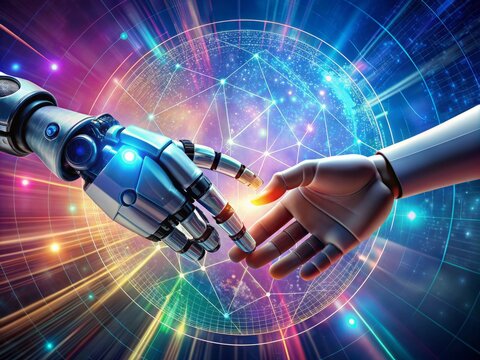 Futuristic 3D rendering of a robotic arm and human hand converging on a vibrant digital background, symbolizing harmonious collaboration and innovation in technology advancement.