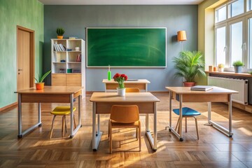 A tidy classroom with a single desk, chair, and blackboard, surrounded by educational supplies, awaiting the presence of a dedicated teacher.