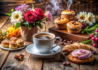 Fototapeta premium Cozy atmosphere of a trendy cafe on International Coffee Day, with steaming cups, delicious pastries, and vibrant flowers on a rustic wooden table setting.