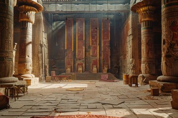 An empty ancient Egyptian temple, with sandstone columns, hieroglyphics on the walls.