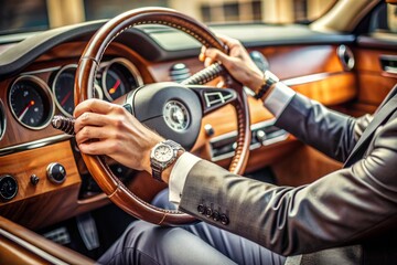 Luxurious black leather steering wheel grasped by a well-dressed hand adorned with a sleek timepiece, set against a backdrop of rich wood trim and soft leather seats.