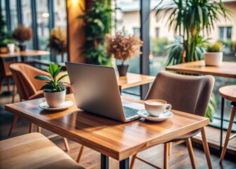 A minimalist table setting with a laptop, notebook, and cup of coffee in a stylish cafe, evoking a sense of freedom and comfort in remote work.