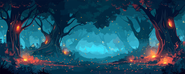 Obraz premium A mystical forest grove with ancient trees and glowing fireflies. Vector flat minimalistic isolated