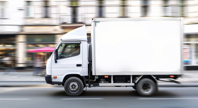 Empty blank white mockup on the small truck vehicle driving through the city street, template for advertisement. Commercial business transport delivery cargo, side view
