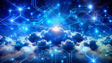 Obraz premium Vibrant blue and white clouds filled with circuitry and glowing pathways, interconnected by sparkling lines, suspended in a deep blue atmosphere, symbolizing seamless cloud connectivity.