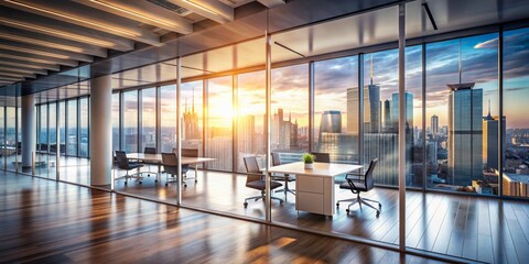 Blurred contemporary office interior with sleek furniture, abstract urban cityscape visible through floor-to-ceiling windows, conveying innovation and professionalism.