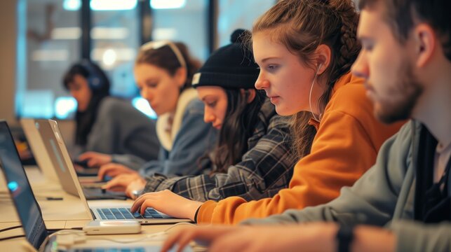 Group of students working intently on coding projects in a computer lab, enhancing their programming and technical skills.