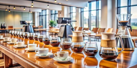 Array of freshly brewed coffee pitchers and cups on a polished wooden table amidst a backdrop of corporate seminar flipcharts and formal table settings.