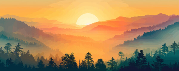 Fototapeta premium A radiant sunrise over a misty valley with trees silhouetted against the sky. Vector flat minimalistic isolated illustration.