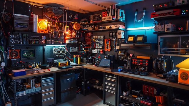 DIY robotics garage equipped with robotic kits, sensors, programming tools, 3D printers, and robotics experimentation equipment