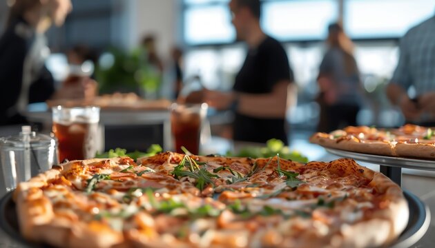 Close up of a pizza slice at a catered event with people in the background.