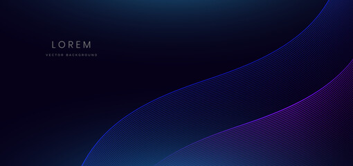 Abstract futuristic curved glowing blue and purple light lines on dark blue background.