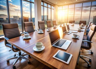 Empty conference room chairs surround a table with scattered laptops, notebooks, and steaming cups of coffee, signaling a break in the meeting proceedings.