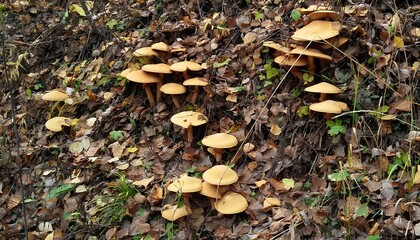 A group of yellow oyster mushrooms growing in the forest, on fallen leaves and twigs. The ground is covered with dark brown foliage