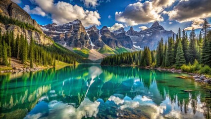 Majestic mountain lake reflecting turquoise sky, surrounded by lush green forests, rugged trails, and towering peaks, inviting exploration and discovery.