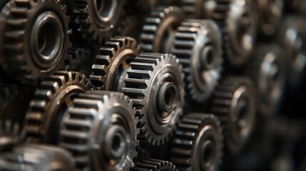 Close-up of interlocking metal gears, representing machinery, engineering, and precision.