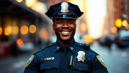 portrait of an African American NYPD officer with a friendly smile on the streets of New York
