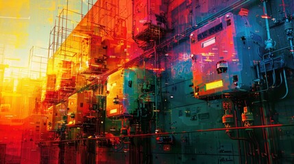 Obraz premium A vivid and artistic representation of an industrial scene bathed in a spectrum of vibrant colors, showcasing machinery and structural elements with a digital and futuristic twist.