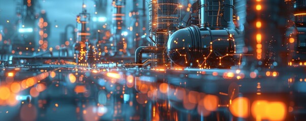 Fototapeta premium A vibrant, artistic depiction of an industrial complex with an array of pipes, chimneys, and structures. 
