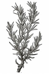 Fototapeta premium Black and white Vintage engraved art of a rosemary sprig isolated on white background, ink sketch illustration, simple vector art design, highly detailed line art, high contrasty 