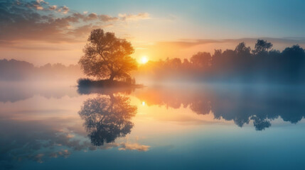 A misty morning over a tranquil lake with a reflection of the rising sun.