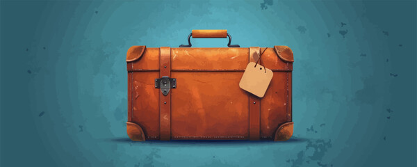 Vintage leather suitcase with tags Vector flat minimalistic isolated illustration