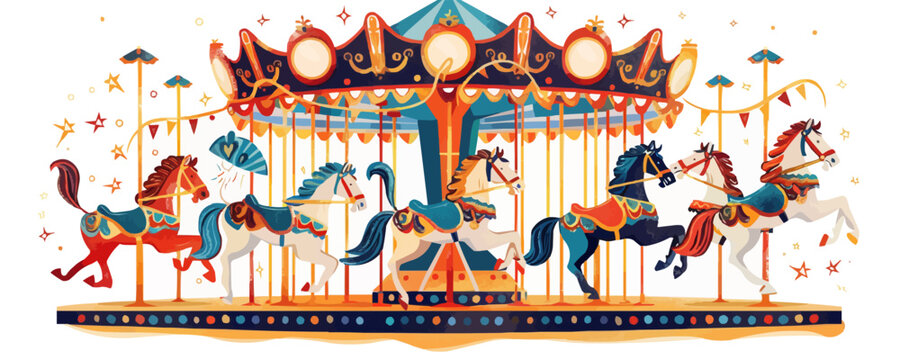Whimsical carousel with ornate horses and music Vector flat minimalistic isolated illustration