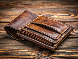 A worn, empty leather wallet lies open on a rustic wooden table, conveying a sense of financial struggle and depletion of resources.
