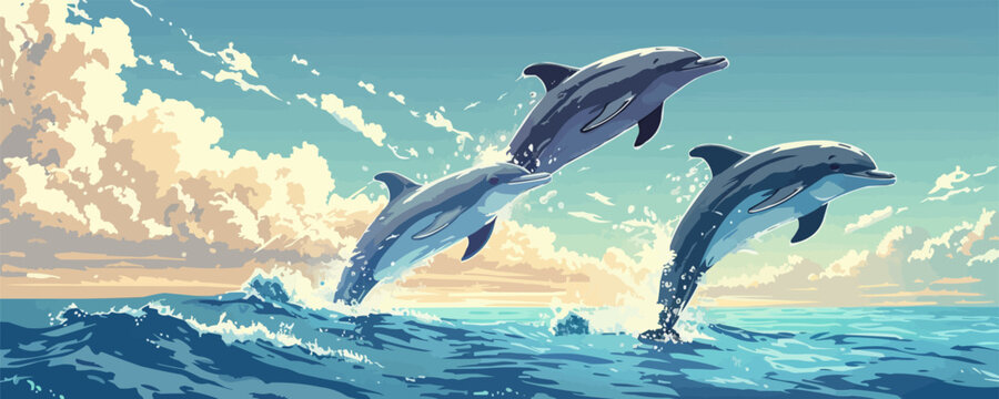 Playful dolphins jumping in crystal clear ocean Vector flat minimalistic isolated illustration