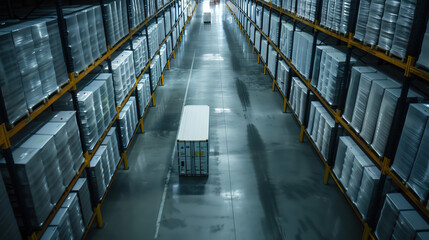 Empty warehouse aisle with rows of storage units and bright ligh