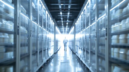 A person walks down an aisle of a large warehouse with many shelves.