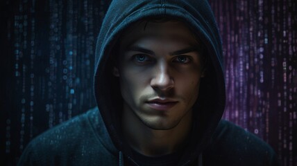 Closeup of hacker in black hoodie with swirling binary code background, in high-contrast blue photography. Cybersecurity and rebellion concept