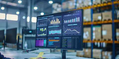 A computer monitor displaying data analytics charts in a warehouse setting,