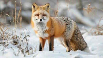Fototapeta premium Arctic fox in snow with winter coat blending into the icy landscape, survival in extreme conditions, wildlife portrait