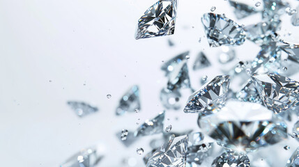 Diamonds falling on white background with bokeh effect