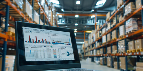 A laptop displaying warehouse inventory management data,