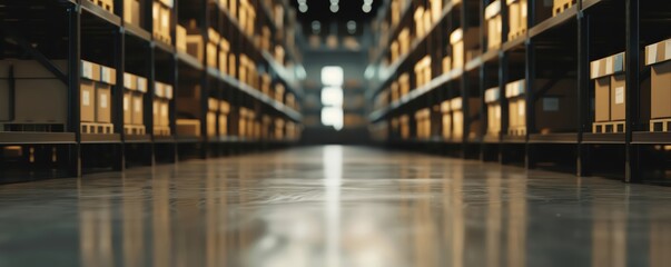 Fototapeta premium Empty warehouse with shelves and boxes, clean floor and bright lighting.