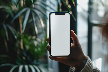 Hand Holding Smartphone with Blank Screen in Professional Office Setting for Digital and Business Use