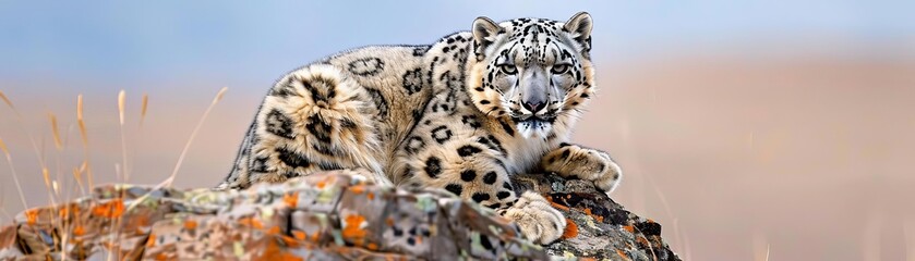 Obraz premium Snow leopard perched on rocky outcrop in a high-altitude environment, elusive predator, mountain wildlife, endangered species