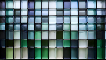 A Wall of Small Square Glass Panels in Green, Blue, and White Hues