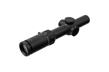 Modern sniper scope on a white back. Optical device for aiming and shooting at long distances.